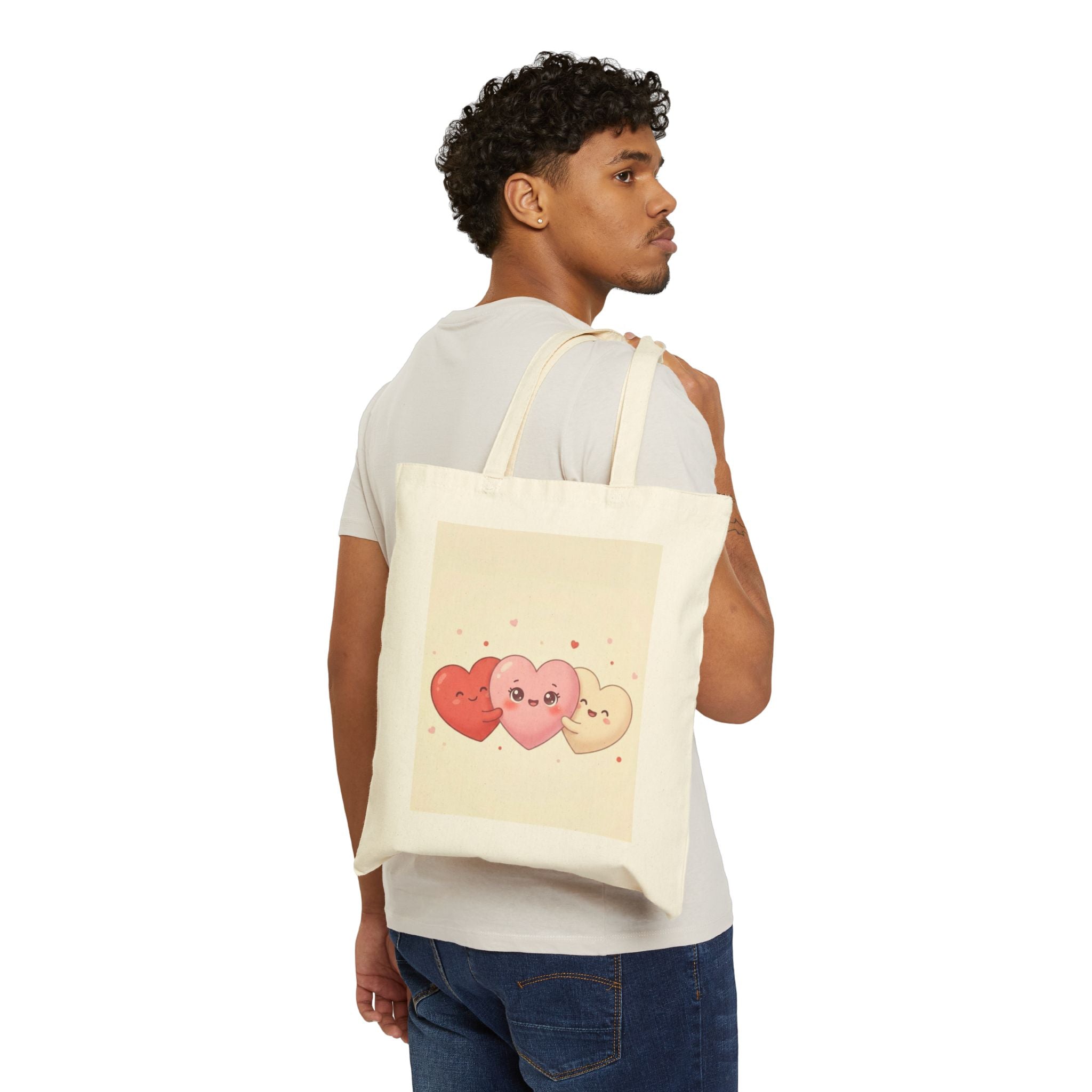 Cute Kawaii Hearts Canvas Tote Bag – Valentine’s Day Cute Heart Trio Reusable Shopper