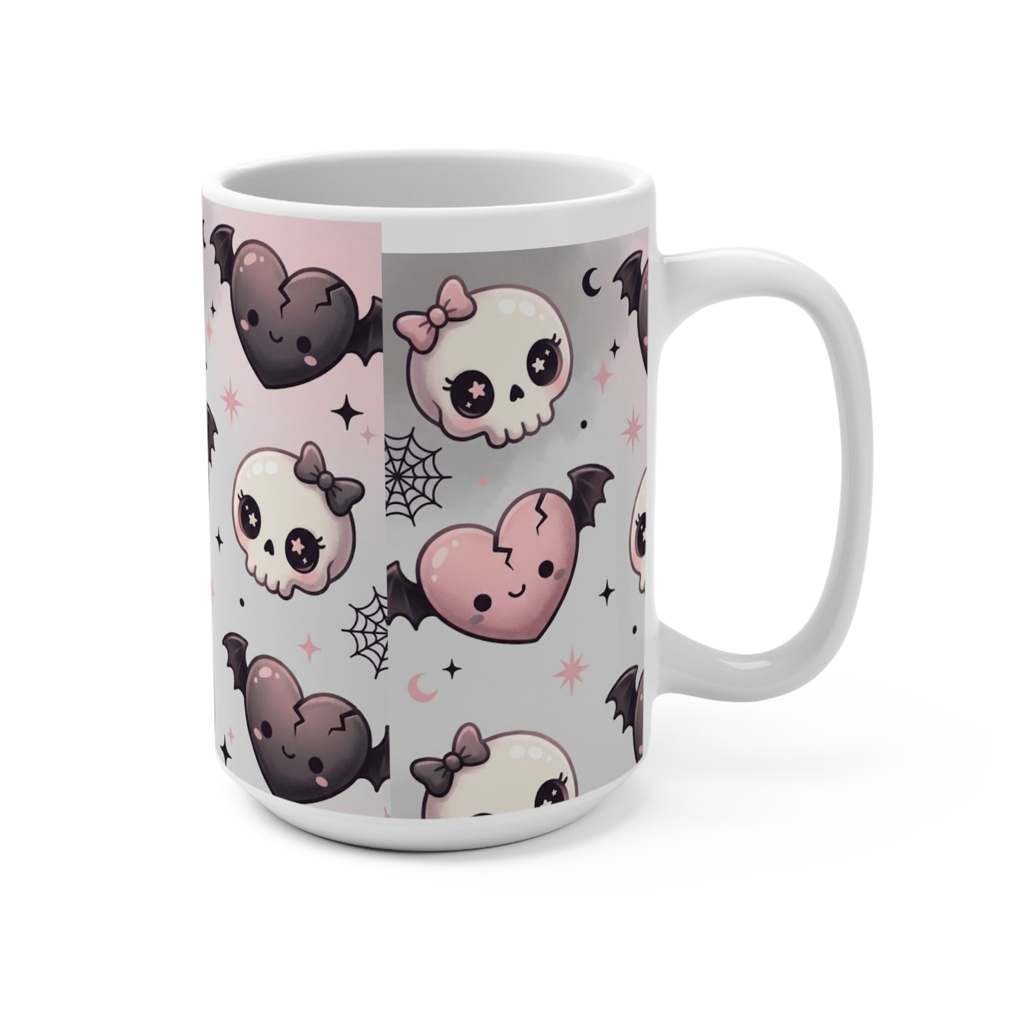 Kawaii Gothic Skull & Heart 15oz Mug — Cute Pink Halloween Coffee Cup