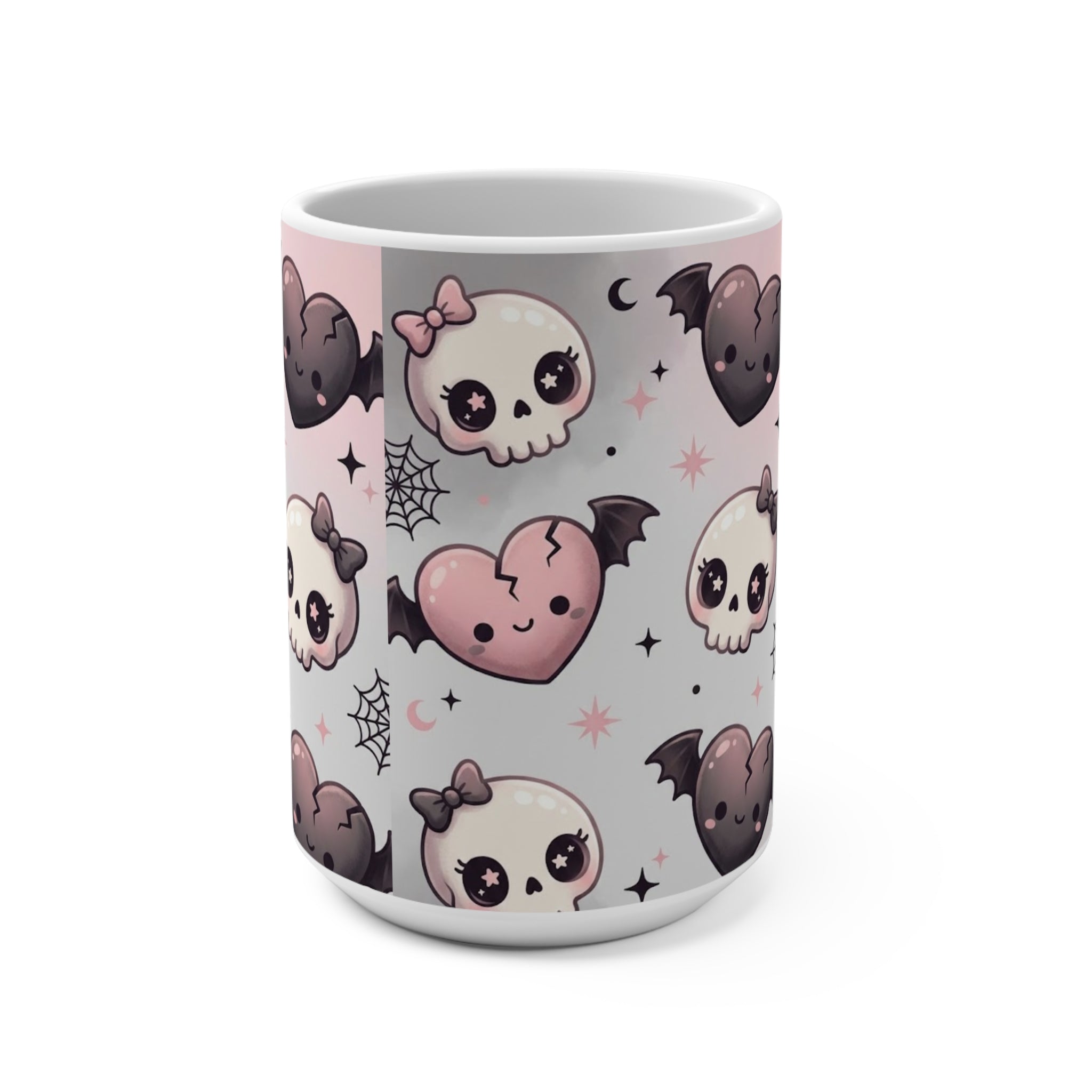Kawaii Gothic Skull & Heart 15oz Mug — Cute Pink Halloween Coffee Cup