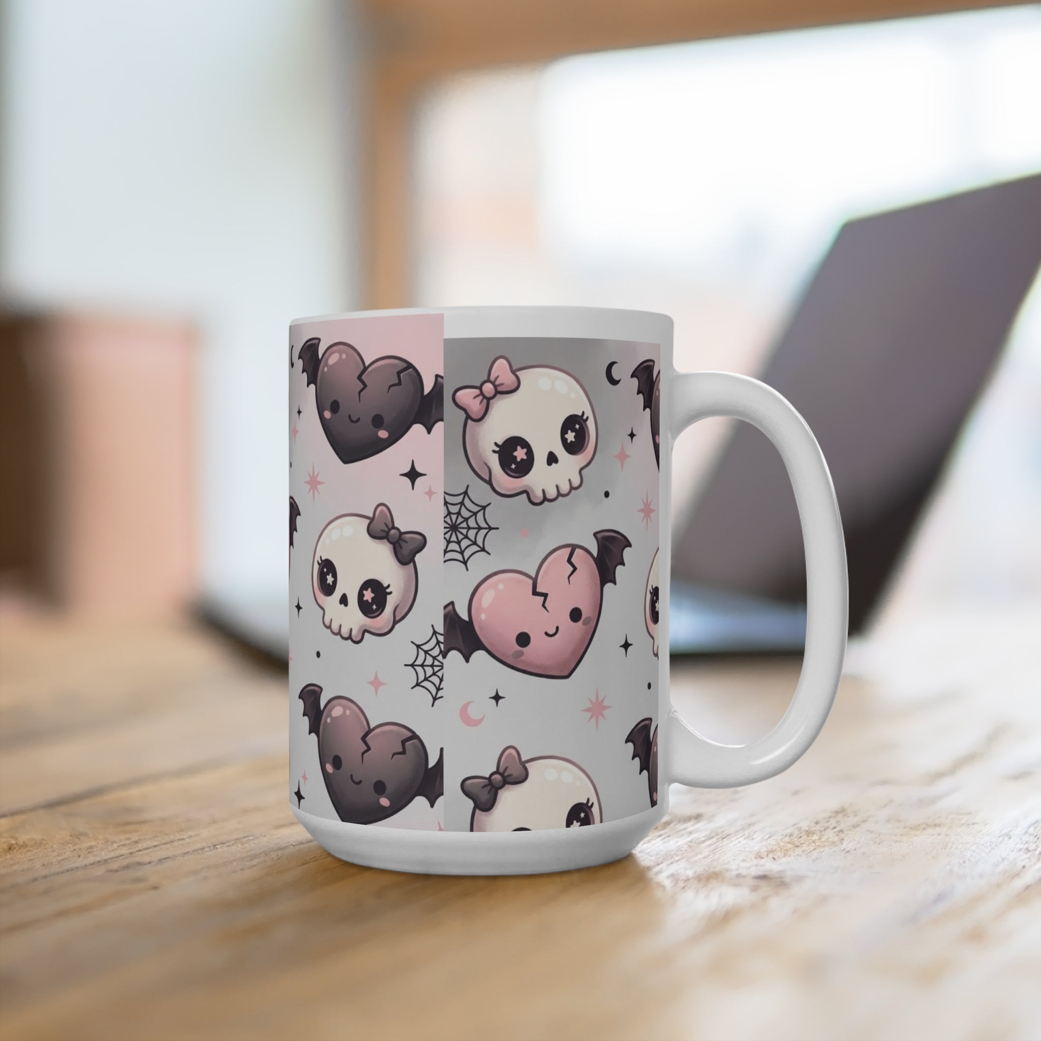 Kawaii Gothic Skull & Heart 15oz Mug — Cute Pink Halloween Coffee Cup