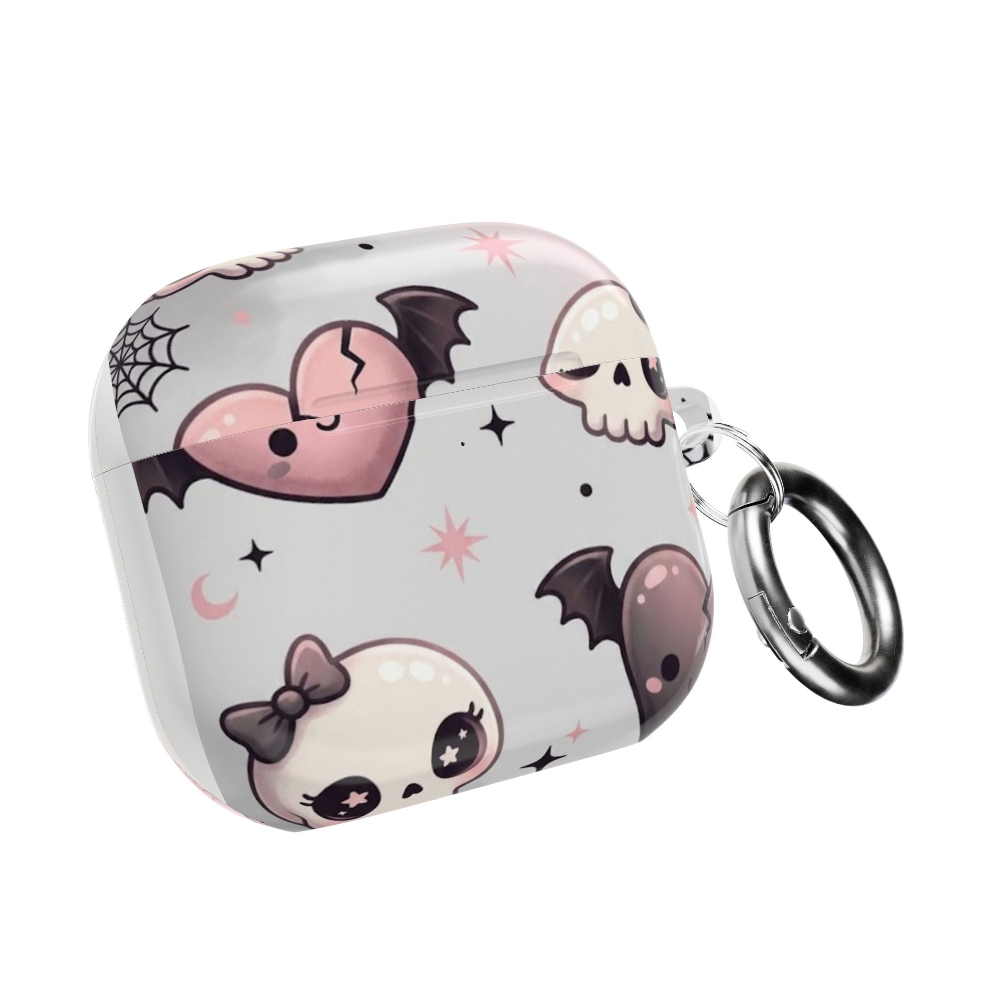 Kawaii Gothic Skull & Bat AirPod Case — Pink Heart Halloween Design