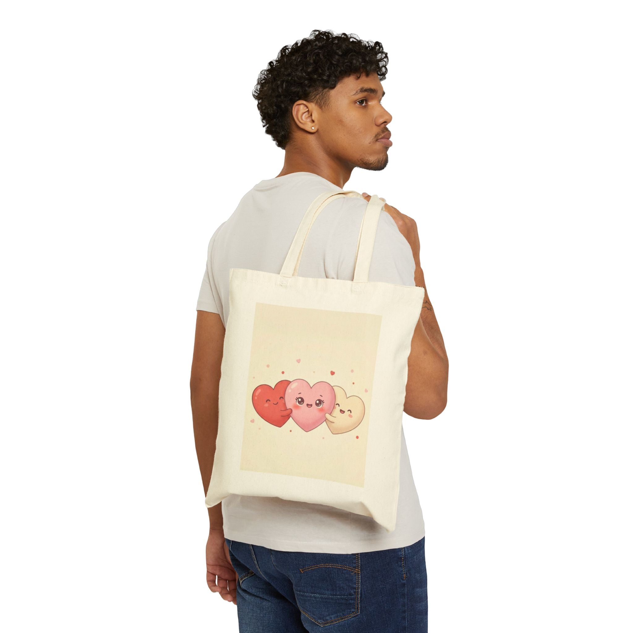 Cute Kawaii Hearts Canvas Tote Bag – Valentine’s Day Cute Heart Trio Reusable Shopper