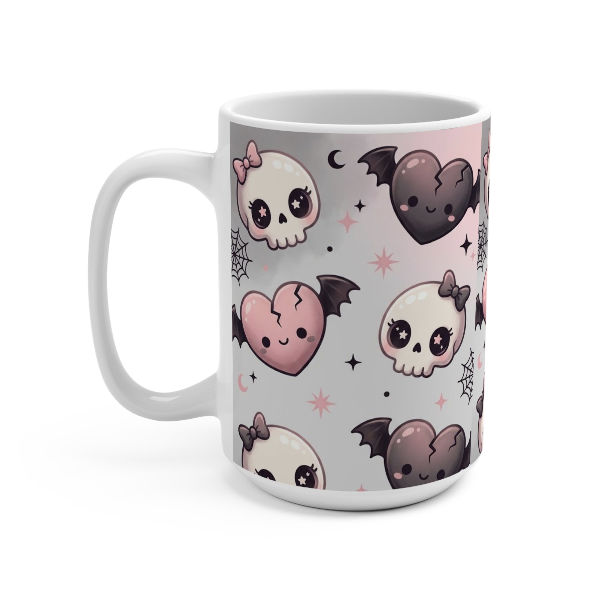 Kawaii Gothic Skull & Heart 15oz Mug — Cute Pink Halloween Coffee Cup