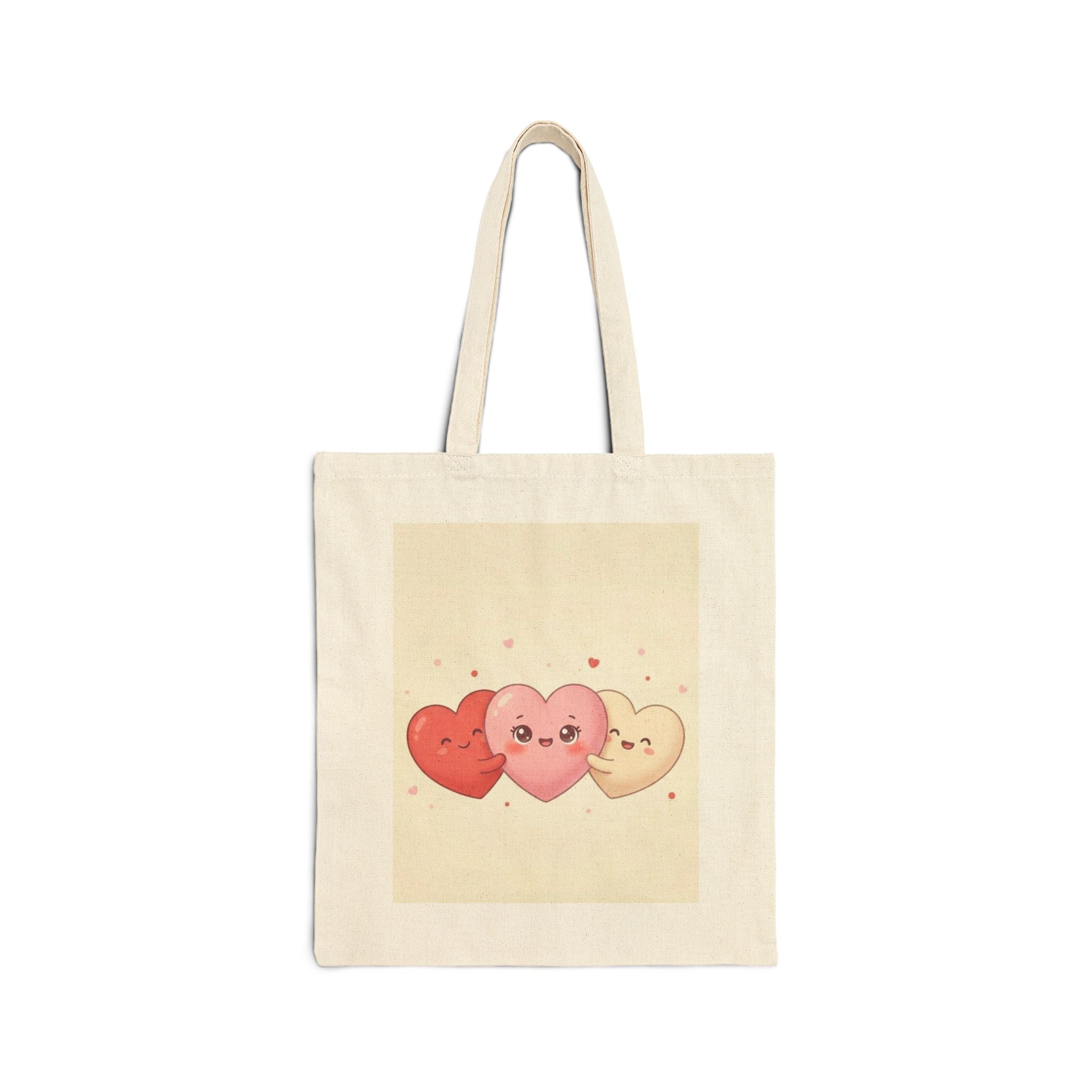 Cute Kawaii Hearts Canvas Tote Bag – Valentine’s Day Cute Heart Trio Reusable Shopper